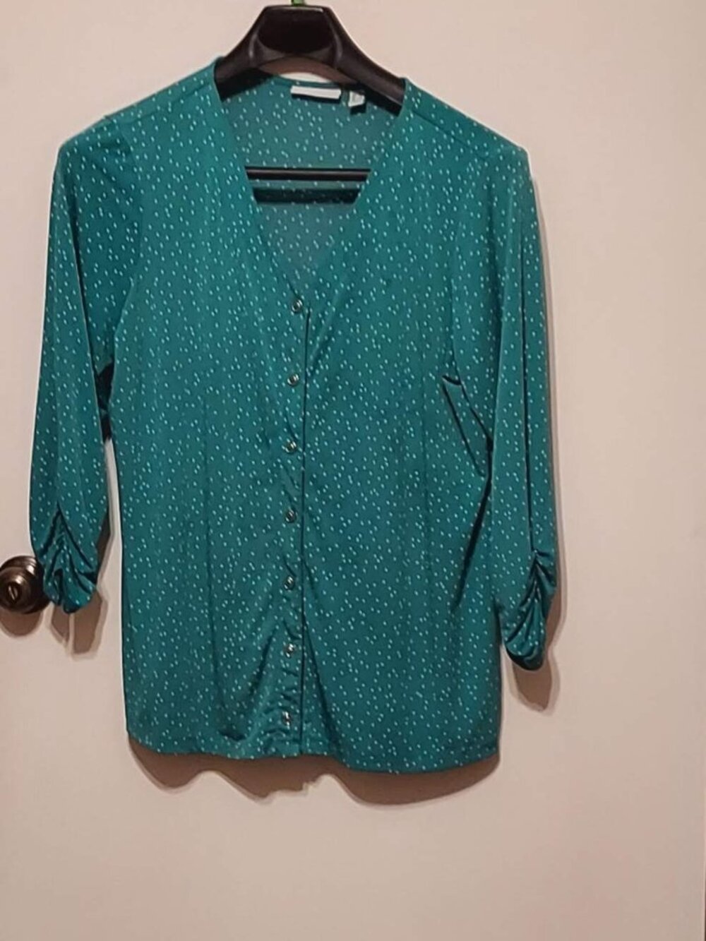Susan Graver Green Poko-Dot 3/4 Sleeve Blouse Sz L Buttons. Sterech, Tunic.